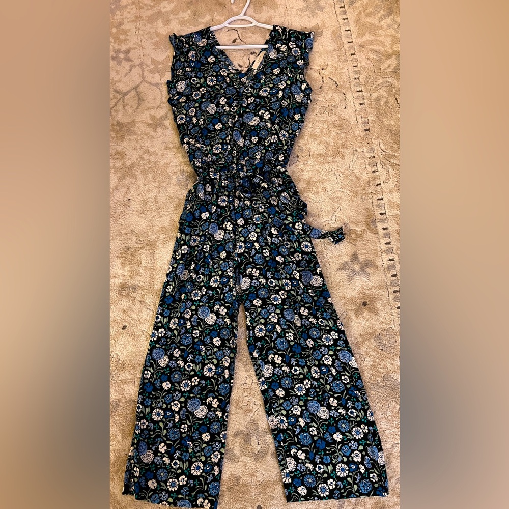 LOFT Black Floral Wide-Leg Jumpsuit with Blue & White Flowers